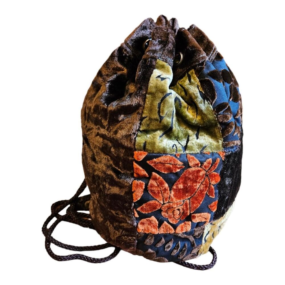 Brown & Orange Patchwork Velour Backpack / Sack - image 2